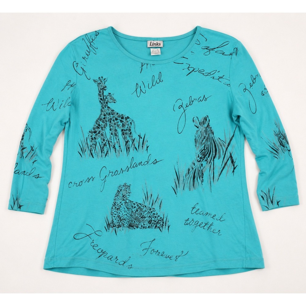 Links Womens Safari Animal Graphic Tee Turquoise 3/4 Sleeve Cotton Top L 42Z7